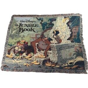 Vintage Disney 49x57 The Jungle Book Throw Blanket Knit Fringed RARE 90s